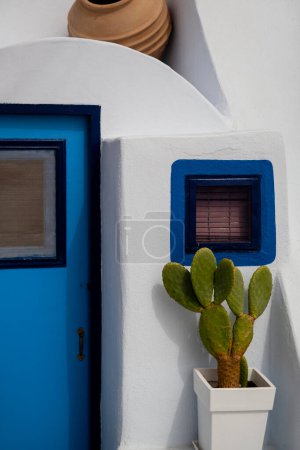 Photo for Close-up of a blue door and window with a potted cactus, reflecting the characteristic charm of Greek island architecture. - Royalty Free Image