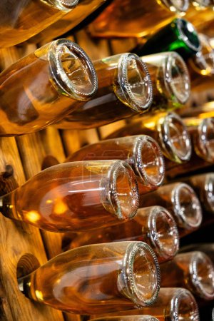 Téléchargez les photos : La lueur chaude des bouteilles de vin mousseux alignées sur des supports en bois, en attendant le bon moment pour déboucher. - en image libre de droit