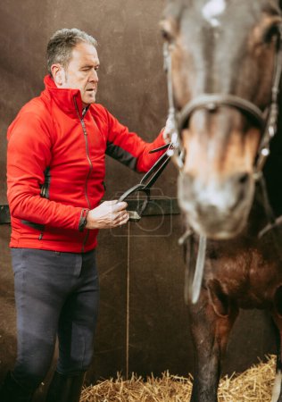 Foto de Un jinete con chaqueta roja ajusta la brida de su caballo en un establo, disfrutando de la conexión y preparación para montar a caballo. - Imagen libre de derechos