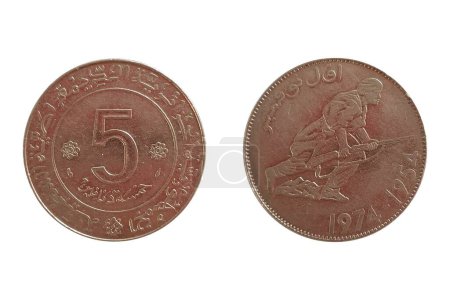 Photo for 5 Dinars 1974 Revolution. Coin of Algeria. Obverse Denomination. Reverse Soldier with rifle and dates below - Royalty Free Image