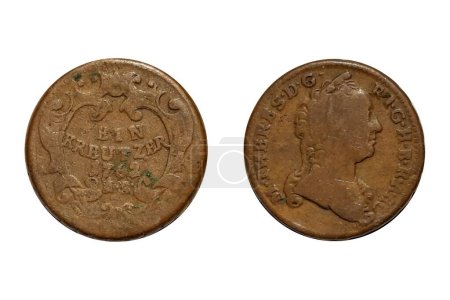 1 Kreutzer 1762 Maria Theresia. Coin of Austrian Empire. Obverse Bust to the right, lettering for "Dei Gratia Romanorum Imperatrix Germaniae Hungariae Bohemiae Regina Archidux Austriae"