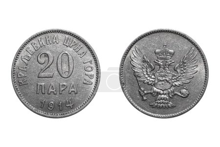 Foto de 20 Para 1914 Nikola I. Moneda del Imperio Austriaco. Escudo de armas anverso mostrando águila bicéfala. Reverso Denominación central, leyenda arriba, fecha abajo - Imagen libre de derechos
