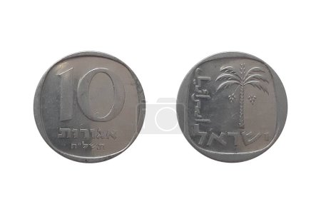 10 agorot 1978 year on white background. Coin of Israel. Obverse Date palm tree with the country name below and to the left. Reverse Value and date