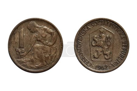 1 Koruna 1962 Jahr auf weißem Hintergrund. Münze der Tschechoslowakei. Avers Wappen der Tschechoslowakei, unten ein tschechischer Löwe mit slowakischem Schild und sozialistischem Stern. Umgekehrt