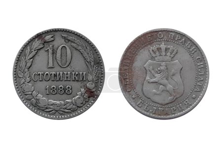 10 Stotinki 1888 Fernando I sobre fondo blanco. Moneda de Bulgaria. Brazos coronado anverso dentro del círculo. Denominación inversa sobre la fecha dentro de la corona