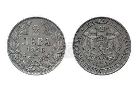 2 Leva 1925 Boris III on white background. Coin of Bulgaria. Obverse Coat of arms (1881-1927) of the Tsardom of Bulgaria - greater form with a mantle. Reverse Denomination above date within wreath
