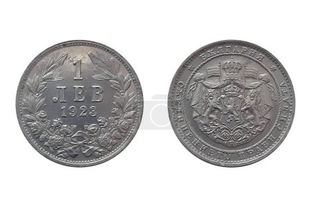 1 Lev1923 Boris IIIon weißer Hintergrund. Münze von Bulgarien. Avers Wappen (1881-1927) des Zarentums von Bulgarien - größere Form mit einem Mantel. Reverse Denomination oberhalb des Datums im Kranz