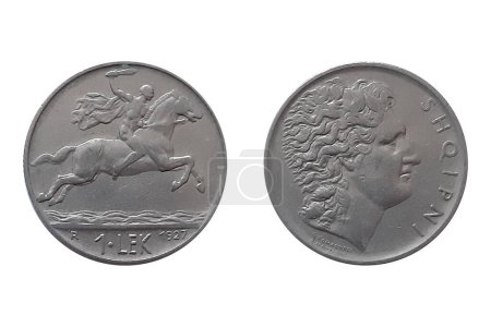 1 Lek 1927 on white background. Coin of Albania. Obverse Alexander the Great facing right. Reverse Alexander the Great on horseback