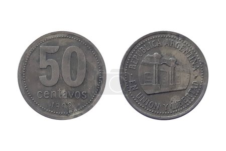 50 Centavos1992 on white background. Coin of Argentina. Obverse Tucuman Building with the issuer name above and a legend below. Reverse Denomination above the date