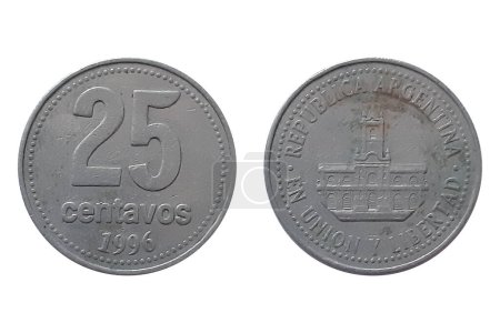 25 Centavos 1996 on white background. Coin of Argentina. Obverse In the field of the Cabildo building. Reverse The denomination with the number "25" in the fields with the word "centavos" below and the date below, surrounded by points or granas