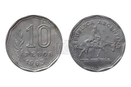 10 Pesos 1963 on white background. Coin of Argentina. Obverse The statue of "El Gaucho Resero", depicting a man riding a horse. Reverse A branch to the left of the value and year, with the value above