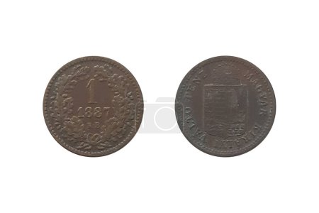 1 Kreuzer 1887 KB Francisco José I sobre fondo blanco. Moneda de Hungría. Armas Anversas del Reino. Valor inverso y fecha dentro de la corona