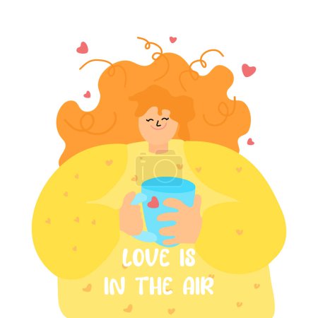 Illustration for Woman demonstrates word love form of balloon, congratulating you on Valentine day or february 14th. Romantic girl confesses love to boyfriend and looks at screen smiling, offering to become couple - Royalty Free Image