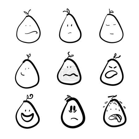 Illustration for An artistic collection of pear drawings, each adorned with unique facial expressions, showcasing creativity through patterns and ornamentation. A fashionable twist on a classic fruit - Royalty Free Image