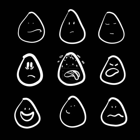 Illustration for A set of eggs showcasing various facial expressions, drawn in a circle on a black background. This artistic display features unique gestures and ornaments, resembling a fashion accessory at an event - Royalty Free Image