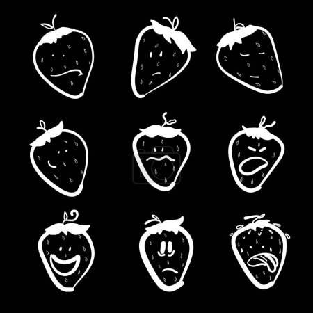 Une collection de fraises présentant diverses expressions faciales conçues de manière créative sur un fond noir. Expressive et unique, un mélange d'accessoires de mode et d'arts créatifs