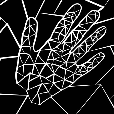 A monochrome drawing of a hand on a black background, creating a striking pattern of lines. The hand is a vertebrate organism on a slope of a terrestrial plant leaf