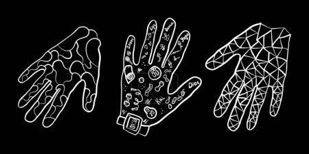 Trois mains aux motifs uniques, chacune affichant un geste différent, sur fond noir. De l'art des ongles complexe aux tatouages audacieux, ces mains mettent en valeur l'expression créative