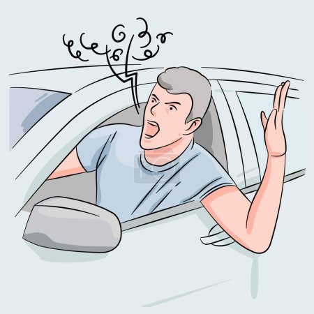 Angry driver stuck in traffic jam gesticulates with hand and screaming. Crazy man yelling from car. Stress, traffic rush hour. Angry aggressive guy driving in auto shouting up through open window