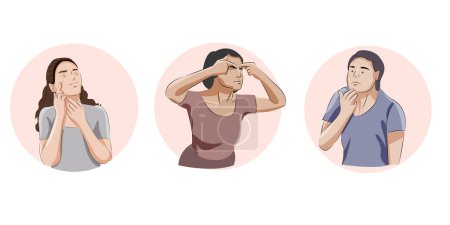 Ilustración de Hombre y mujer limpiando la cara, preocupados por el problema del acné - Imagen libre de derechos