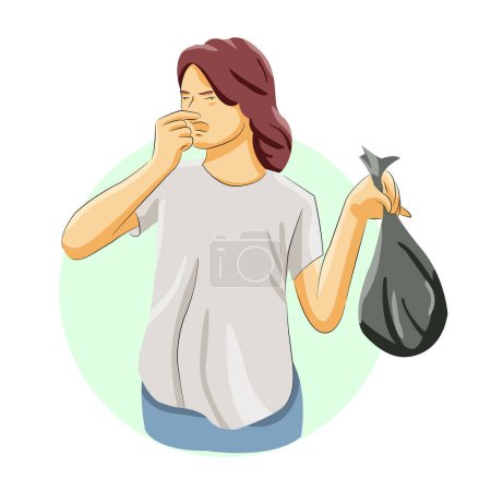 Illustration for Woman lifting smelling garbage toxic - Royalty Free Image