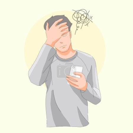 Illustration for Man touch forehead forgetting regret surprise appointment read handphone - Royalty Free Image
