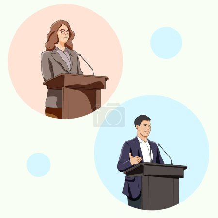 Illustration for Smiling speaker gesturing and talking into microphone at podium tribune during seminar in conference hall - Royalty Free Image