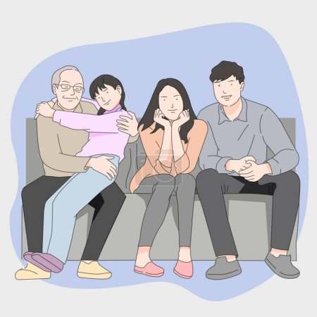 Téléchargez les illustrations : Famille assise dans le salon souriant heureux grand-père assurance santé ou illustration médicale - en licence libre de droit
