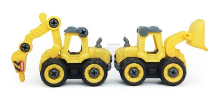 Photo for Side view of yellow plastic toy of tractor drill and bulldozer or loader isolated on white background. heavy construction vehicle. - Royalty Free Image