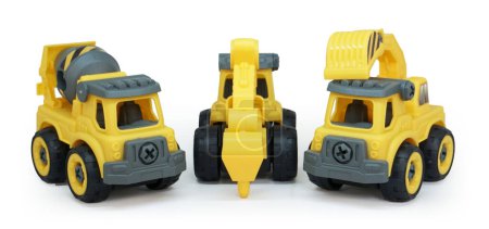 Photo for Yellow plastic toy of concrete mixer, tractor drill and excavator truck line up isolated on white background. heavy construction vehicle. - Royalty Free Image