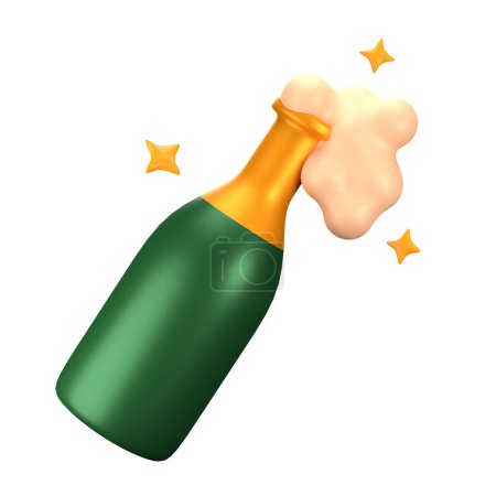 Foto de Botella de champán abierta con salpicadura y espumoso en el renderizado lindo 3d, aislado sobre fondo transparente - Imagen libre de derechos