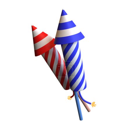 Foto de Cohete de fuegos artificiales rojo y azul en 3D renderizado, aislado sobre fondo transparente - Imagen libre de derechos