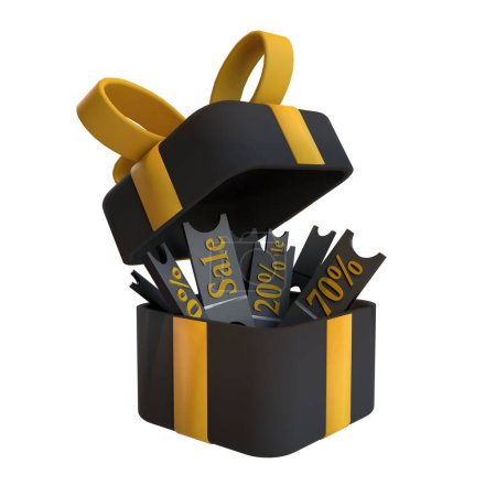 Foto de 3d lindo negro cajas de regalo con cinta amarilla. Promoción y venta ilustración - Imagen libre de derechos