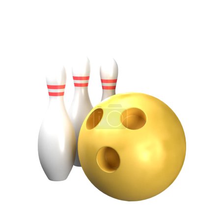 Photo for 3d yellow bowling ball and three red striped pins, isolated on transparent background. - Royalty Free Image