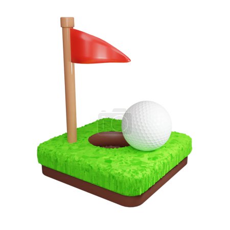 Téléchargez les photos : Balle de golf 3d, drapeau et trou dans la pelouse. Championnat de golf sportif. Illustration 3d - en image libre de droit