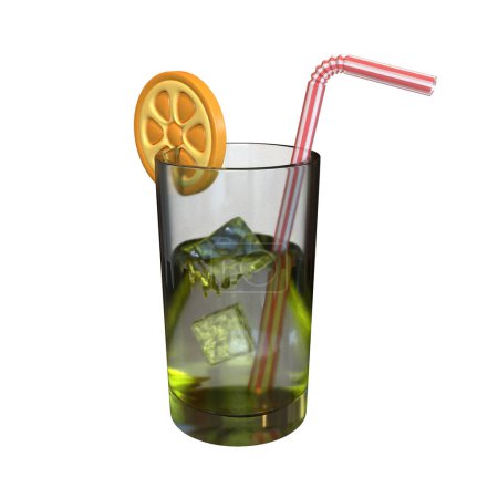 Téléchargez les photos : 3d boisson de limonade glacée avec de la paille rouge, boisson d'été avec des tranches d'orange - en image libre de droit