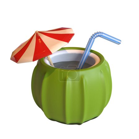 Photo for 3d coconut cocktail with straw and umbrella on transparent. Summer theme drink and beverages. 3d plastic render - Royalty Free Image