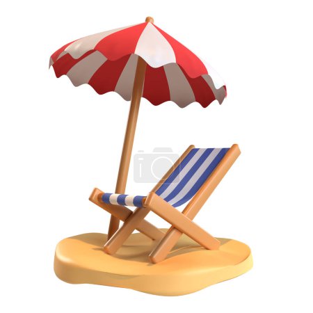 Photo for 3d beach chair and umbrella on beach sand on transparent background. Summer beach theme illustration. - Royalty Free Image
