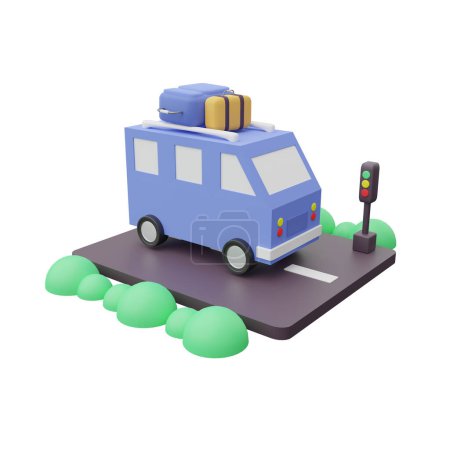 Téléchargez les photos : Voiture minibus bleue avec bagages de voyage en plastique 3D, illustration de cabine mignonne - en image libre de droit