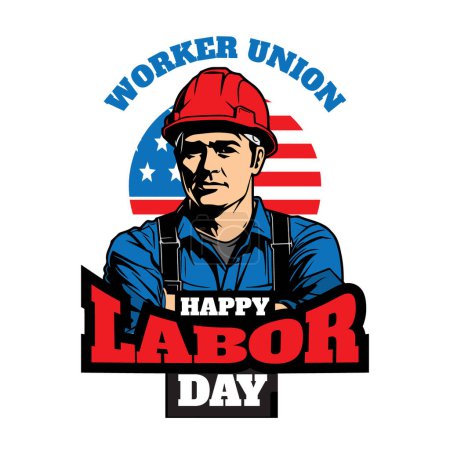 Illustration for Labor day illustration of worker man in front of the flag of United States of America, vector, flat design, heroic image. - Royalty Free Image