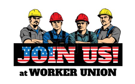 Ilustración de Ilustración vectorial de cuatro trabajadores y trabajadoras texto sindical de los Estados Unidos de América, diseño plano, minimalismo, - Imagen libre de derechos