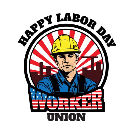 Ilustración de Feliz ilustración del día del trabajo del hombre trabajador frente a la bandera de Estados Unidos de América, vector, diseño plano, imagen heroica. - Imagen libre de derechos