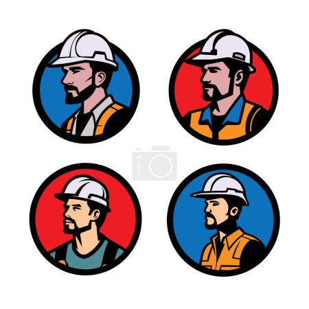 Ilustración de Conjunto de ilustración de trabajador con casco en estilo retro de diseño plano - Imagen libre de derechos