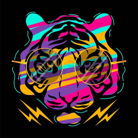 Téléchargez les illustrations : Tête de tigre avec lunettes de soleil, illustration vectorielle - en licence libre de droit