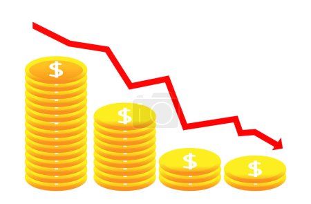 Illustration for Red arrow pointing down On The Stacks Of Coins. financial crisis - Royalty Free Image