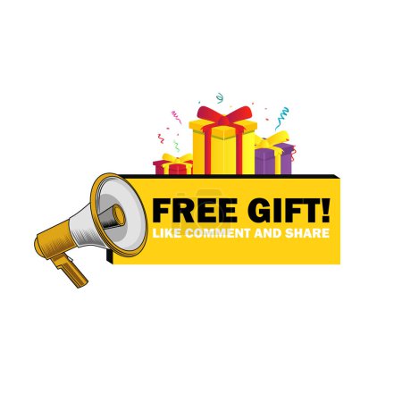 Téléchargez les illustrations : Illustration vectorielle d'un mégaphone jaune avec un coffret cadeau - en licence libre de droit
