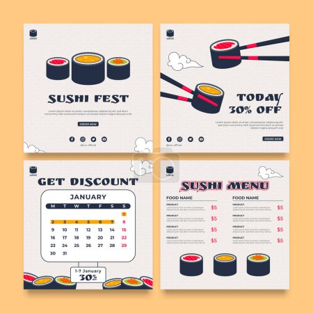 Téléchargez les illustrations : Modèle de bannière de sushi plat et élégant pour la commercialisation de la nourriture asiatique - en licence libre de droit