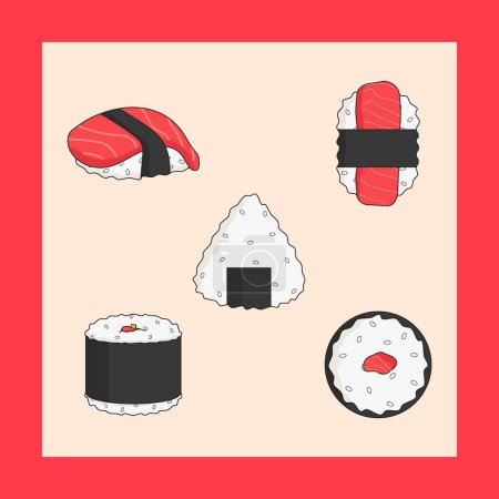 Téléchargez les illustrations : Modèle de bannière de sushi plat et élégant pour la commercialisation de la nourriture asiatique - en licence libre de droit