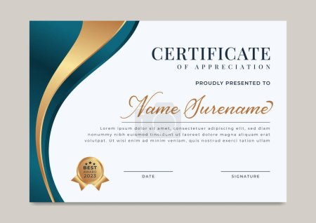 Téléchargez les illustrations : Modèle de certificat de réussite avec badge doré - en licence libre de droit