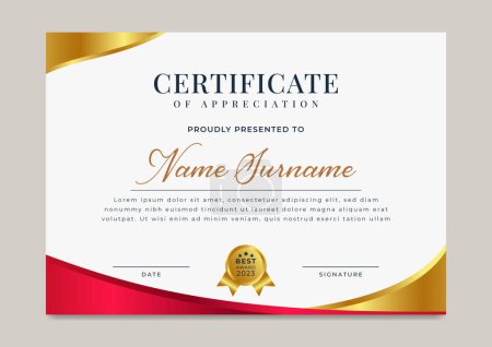 Téléchargez les illustrations : Modèle de certificat de réussite avec badge doré - en licence libre de droit